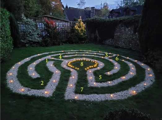 Prestwood Labyrinth lit by candlelight with a prayer marker at each turn